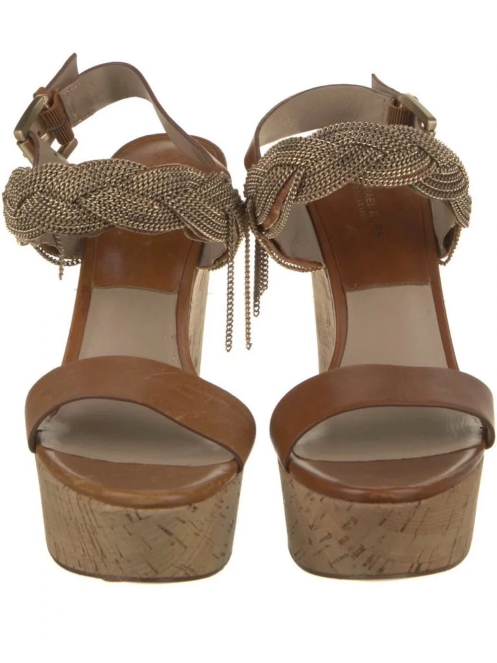 Michael Kors Brown Leather Chain-Link Accent Platform Wedge Sandals. Size 6.